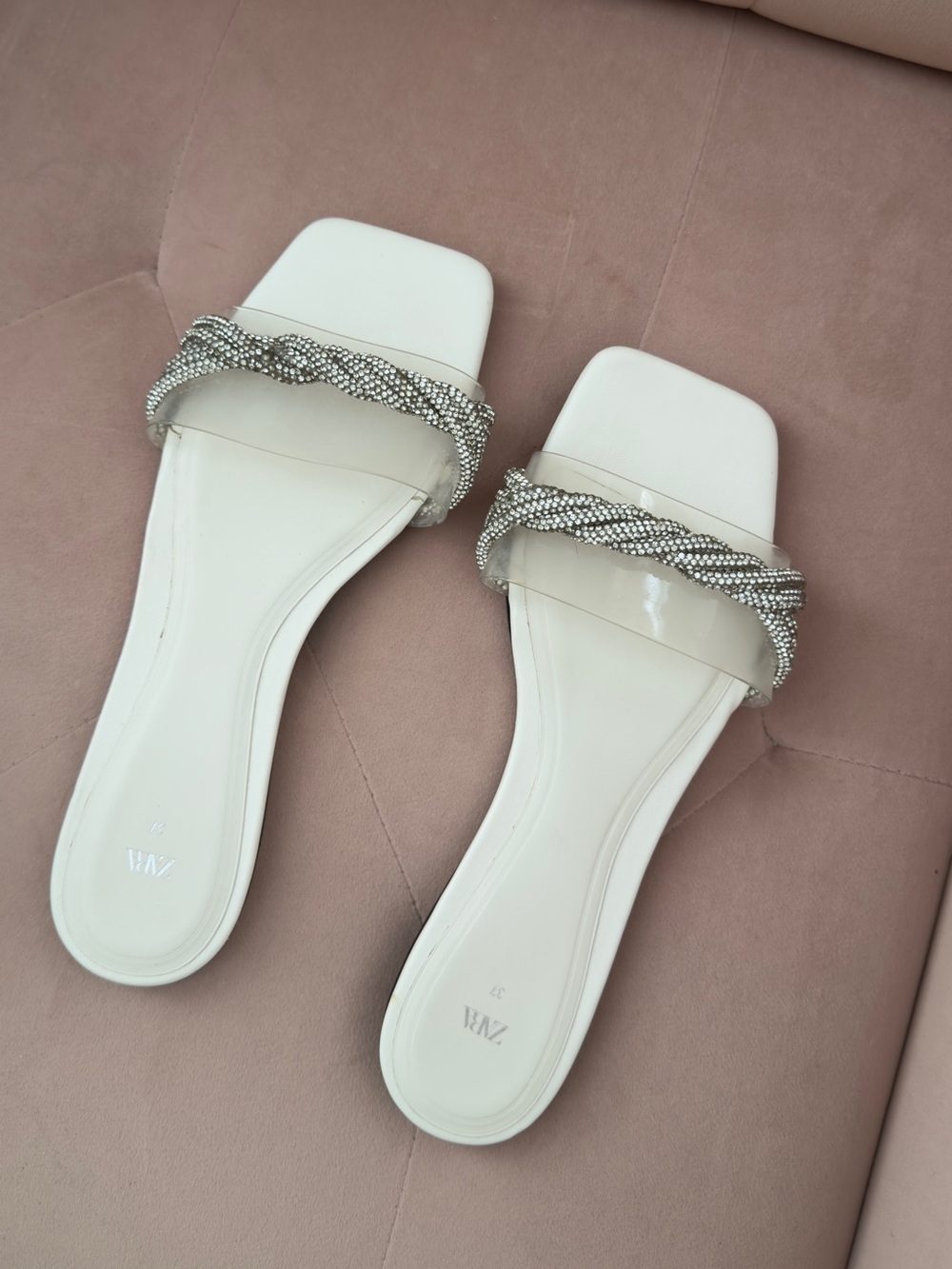 Zara White Braided Crystal-Trim Slide Mules